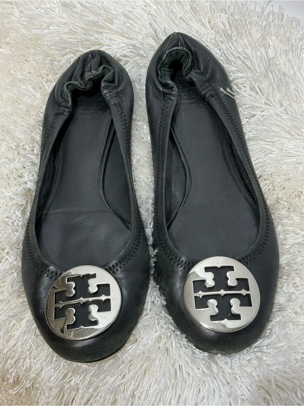 Tory Burch Reva ballet flats black leather with silver logo 9.5